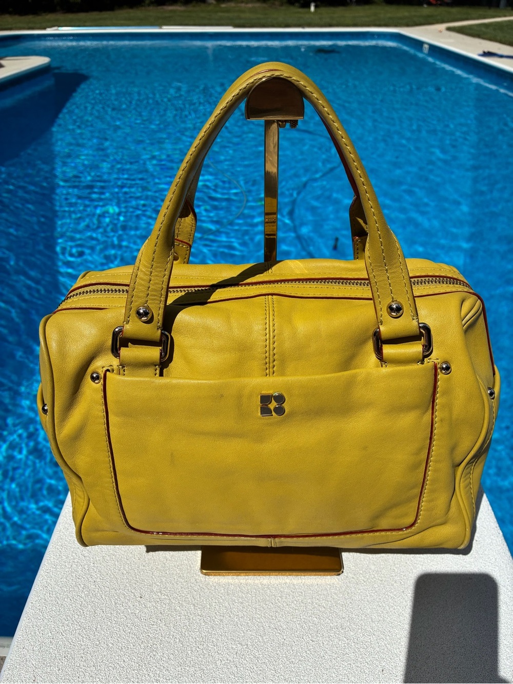 kate spade Vintage Chartreuse Leather Satchel with Red Contrast Piping